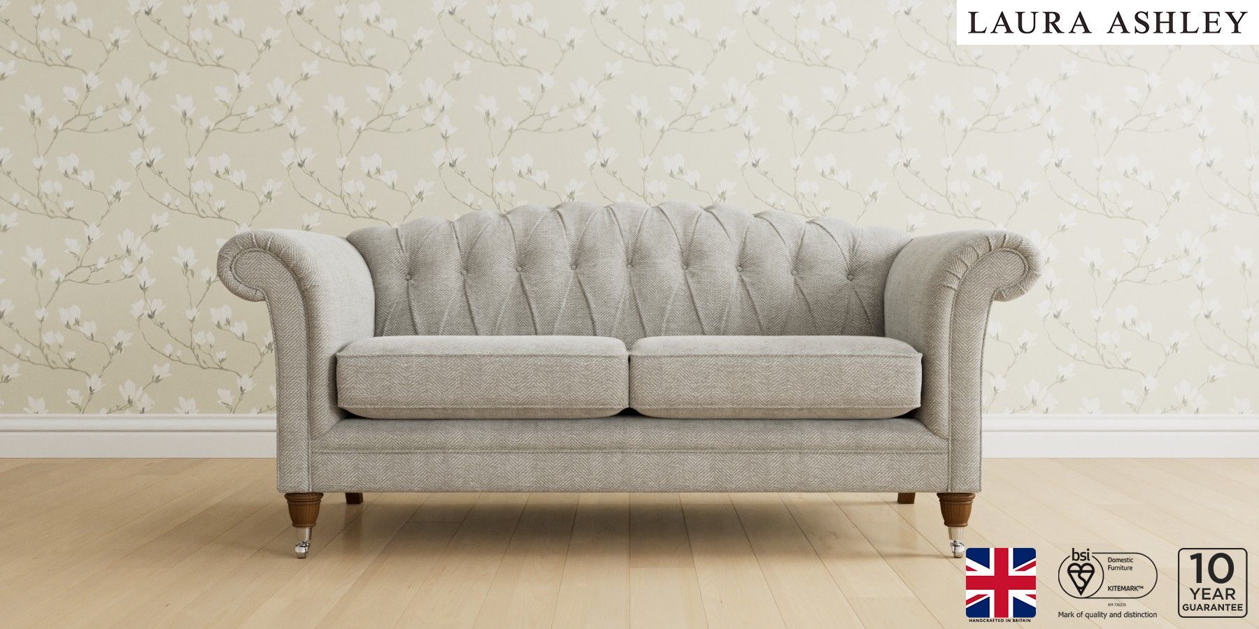 Buy Gloucester Button Back by Laura Ashley Large Sofa Edwin Chenille Silver Low Chrome Castor