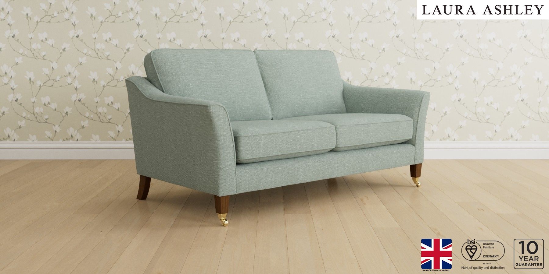 Buy Marford by Laura Ashley Medium Sofa Wiston Duck Egg Straight Brass ...