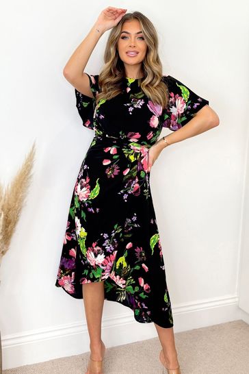 Buy AX Paris Black Floral Printed Short Sleeve Gathered Side Midi Dress ...