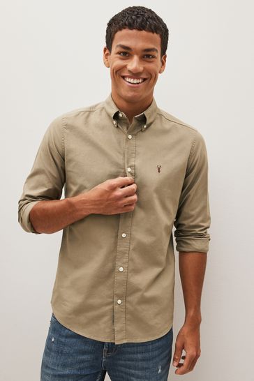 Buy Neutral Brown Slim Fit Long Sleeve Oxford Shirt from Next United ...