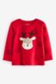 Red Applique Christmas Reindeer 100% Cotton Long Sleeve T-Shirt (3mths-7yrs) - Image 1 of 1