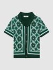 Reiss Green Multi Hyde Senior Knitted Cuban Collar Button-Through Shirt - Image 1 of 1