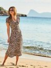 Sosandar Brown Leopard Print Ruched Neck Midi Dress - Image 1 of 1