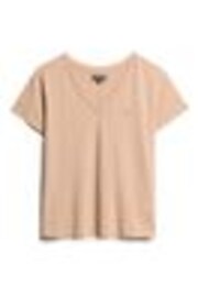 Superdry Light Taupe Slub Embroidered Relaxed V-Neck T-Shirt - Image 1 of 1