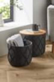 Set of 2 Black and  Wood Lidded Storage Baskets - Image 1 of 1