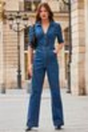 Sosandar Blue Zip Front Wide Leg Jumpsuit - Image 1 of 1