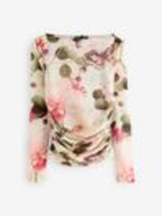 Ecru/Green Floral Long Sleeve Ruched Side Mesh Top - Image 1 of 1