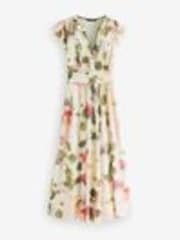Cream Tropical Pleated Mesh Print V-Neck Occasion Midi Dress - Image 1 of 1