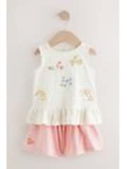 White/Pink Embroidered Flowers Peplum 100% Cotton Vest and Shorts Set (3mths-7yrs) - Image 1 of 1