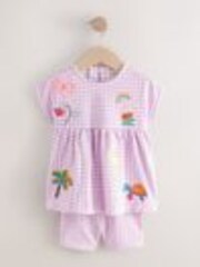 Lilac Gingham Holiday Embroidery Short Sleeve Peplum Top and Cycle Shorts Set (3mths-7yrs) - Image 1 of 1