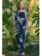Azul marino floral - Kew Gardens Wide Leg Trousers with Linen - Imagen 1 de 1