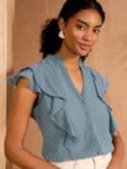 Love & Roses Blue Dobby Sleevless Ruffle Blouse - Image 1 of 1