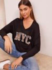 Friends Like These Black Animal Soft Jersey V-Neck Long Sleeve Tunic Top - Image 1 of 1
