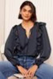 Friends Like These Navy Long Sleeve Ruffle Trim Tie Front Blouse - Image 1 of 1