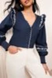 Friends Like These Navy Long Sleeve Embroidered Scallop Trim Blouse - Image 1 of 1