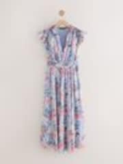 Blue Floral Pleated Mesh Print V-Neck Occasion Midi Dress - Image 1 of 1