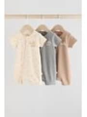 Neutral/Tan 3 Pack Two Way Zip Baby 100% Cotton Rompers (0mths-3yrs) - Image 1 of 1
