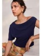Navy Asymmetric Drape Short Sleeve Top - Image 1 of 1