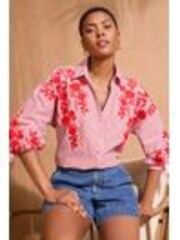 Love & Roses Red Petite Embroidered Stripe Tie Cuff Shirt - Image 1 of 1