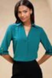 Lipsy Teal Blue V-Neck 3/4 Sleeve Collared Blouse - Image 1 of 1