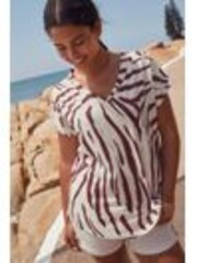 Brown/White Zebra Print V-Neck Cap Sleeve T-Shirt - Image 1 of 1