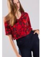 Red/Brown Tile Print Cotton Modal Slouch V-Neck T-Shirt - Image 1 of 1