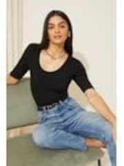 Friends Like These Black Short Sleeve Jersey Ribbed Scoop Neck Bodysuit - Image 1 of 1