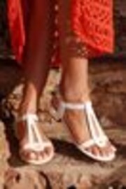 Linzi White Wide Fit Deluxe T-Bar Looped Low Block Sandals - Image 1 of 1