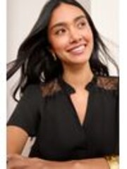 Friends Like These Black Short Sleeve Lace Notch Neck Blouse - Image 1 of 1