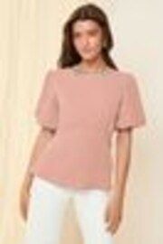 Friends Like These Pink Puff Sleeve Embellished Neck Trim Blouse - Image 1 of 1