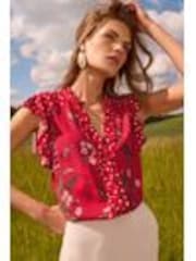 Love & Roses Red Floral Print Flutter Sleeve Printed V-Neck Blouse - Image 1 of 1