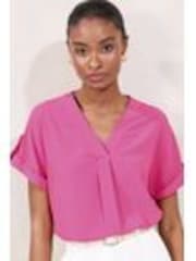 Lipsy Neutral/Blush Utility V-Neck Short Roll Sleeve Top - Image 1 of 1