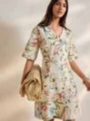 Floral Printed V-Neck 100% Cotton Denim Dress - Image 1 of 1