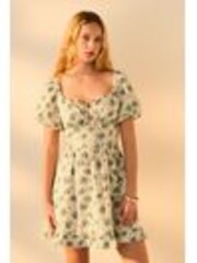 Cream/Ecru Ditsy Floral 100% Cotton Puff Sleeve Milkmaid Mini Dress - Image 1 of 1