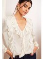 Friends Like These Ivory Long Sleeve Crinkle Satin Ruffle Front Blouse - Image 1 of 1