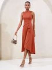 Lipsy Rust Wrap Metal Trim Fit And Flare Midi Dress - Image 1 of 1