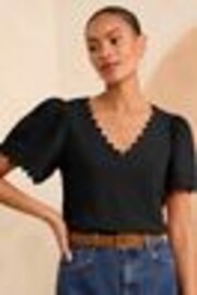 Love & Roses Black Scallop V-Neck 100% Cotton T-Shirt - Image 1 of 1