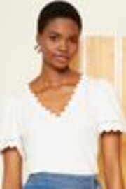 Love & Roses Ivory Scallop V-Neck 100% Cotton T-Shirt - Image 1 of 1