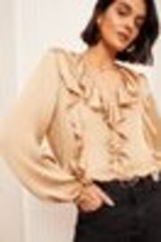 Friends Like These Gold Long Sleeve Crinkle Satin Ruffle Front Blouse - Image 1 of 1