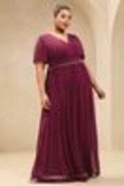 Lipsy Berry Red Curve Short Sleeve Pearl Trim Mesh Maxi Bridesmaid Dress - Image 1 of 1