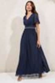 Lipsy Navy Short Sleeve Pearl Trim Mesh Maxi Bridesmaid Dress - Image 1 of 1