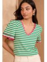 Love & Roses Green Stripe Scallop V-Neck 100% Cotton T-Shirt - Image 1 of 1