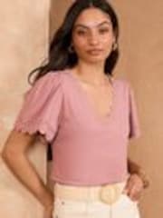Love & Roses Blush Pink Scallop V-Neck 100% Cotton T-Shirt - Image 1 of 1