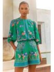 V&A I Love & Roses Green Floral 100% Cotton VA 3/4 Sleeve Crew Neck Floral Printed Blouse - Image 1 of 1