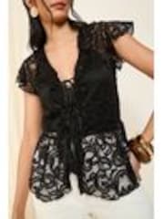 Friends Like These Black Lace Ruffle Short Sleeve Blouse - Image 1 of 1