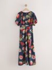 Navy Blue Floral Print Puff Sleeve Midi Dress - Image 1 of 1