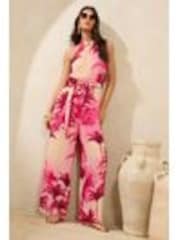 Lipsy Pink Palm Printed Halter Neck Sleeveless Jumpsuit - Image 1 of 1