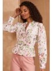 Love & Roses Pink/White Floral Petite Long Sleeve Dobby Peplum 100% Cotton Blouse - Image 1 of 1