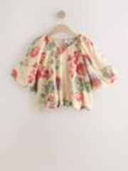 Ecru/Red Floral Print Bubblehem Lightweight Puff Sleeve Top - Image 1 of 1