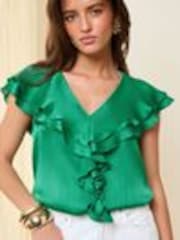 Friends Like These Green Petite Short Sleeve Ruffle Blouse - Image 1 of 1